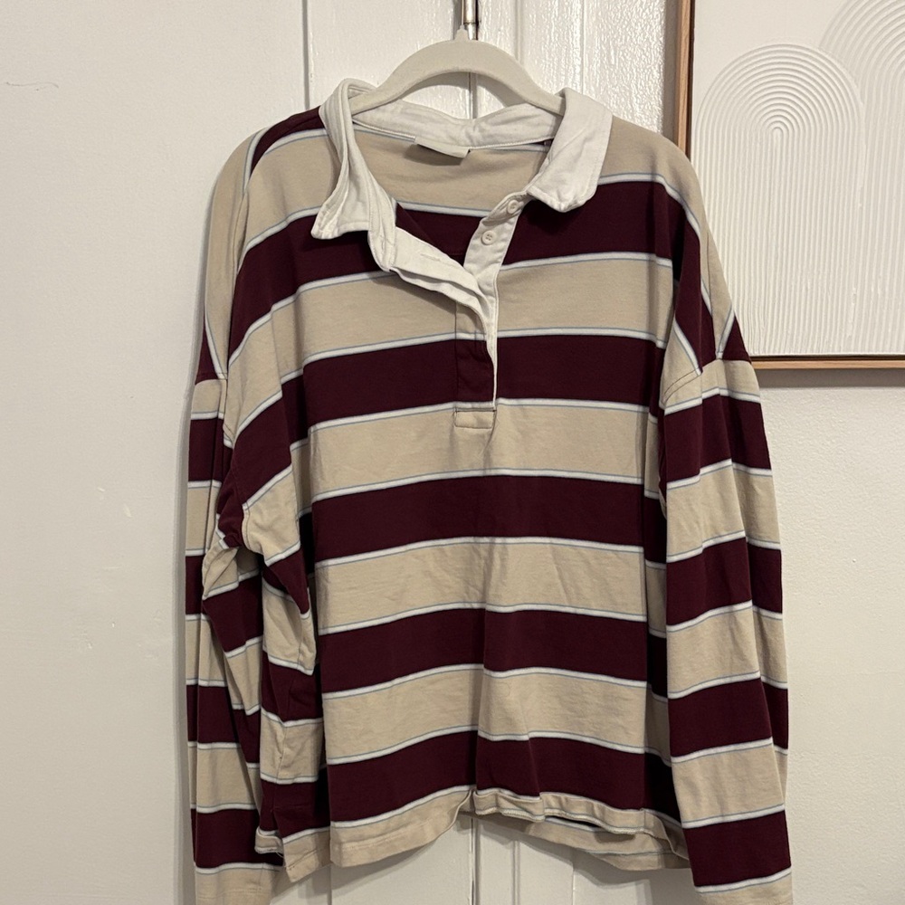 Stylerunner Beige and Light Blue Striped Rugby Top